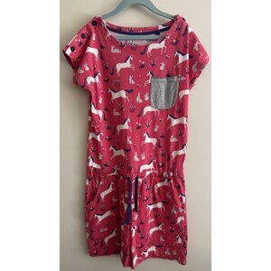 Mini Boden Pink Unicorn Romper Button Pockets Kids Girls 11/12 Cinched Waist